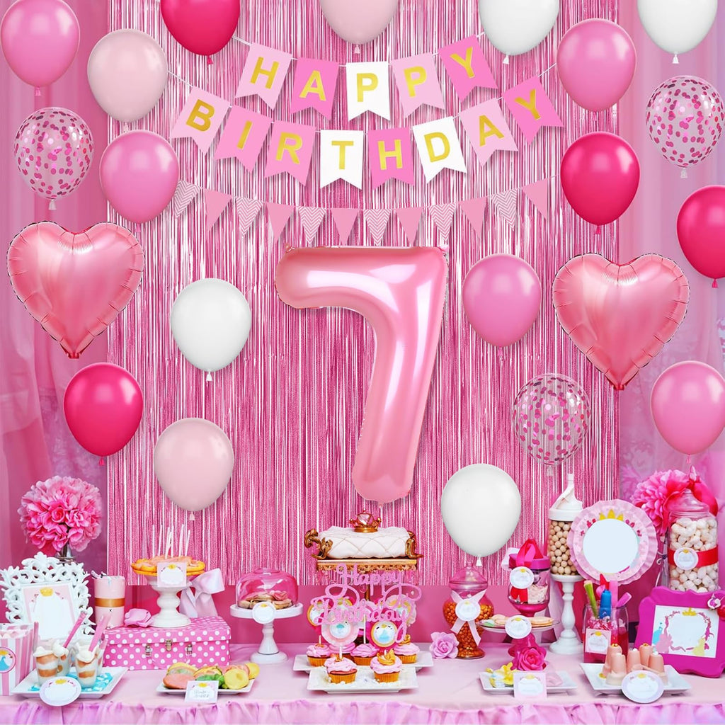 Adorely 7th Birthday Decorations for Girls – Hot Pink Balloons, Banner & Fringe Curtain