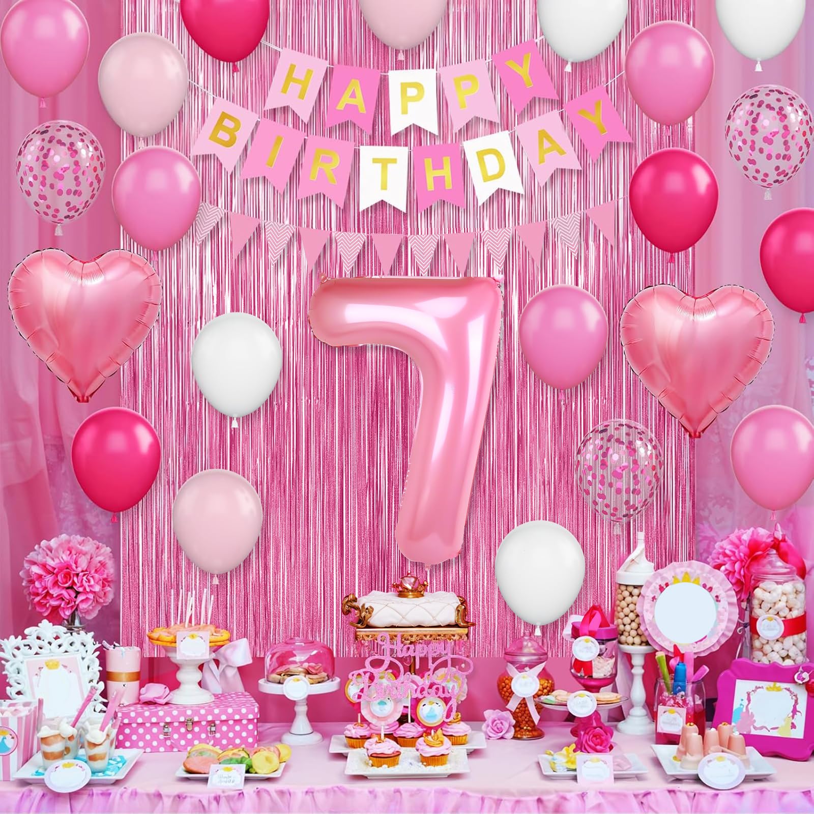 Adorely 7th Birthday Decorations for Girls – Hot Pink Balloons, Banner & Fringe Curtain