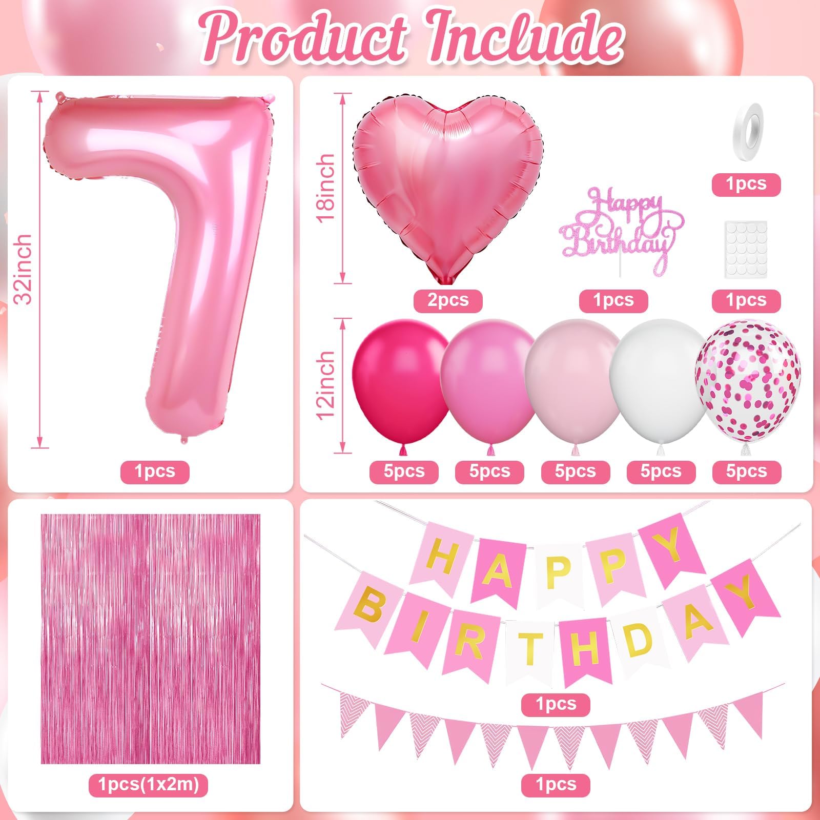 Adorely 7th Birthday Decorations for Girls – Hot Pink Balloons, Banner & Fringe Curtain