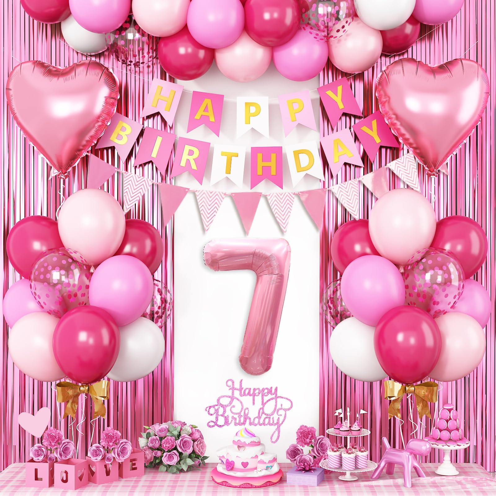 Adorely 7th Birthday Decorations for Girls – Hot Pink Balloons, Banner & Fringe Curtain