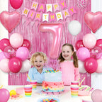 Adorely 7th Birthday Decorations for Girls – Hot Pink Balloons, Banner & Fringe Curtain