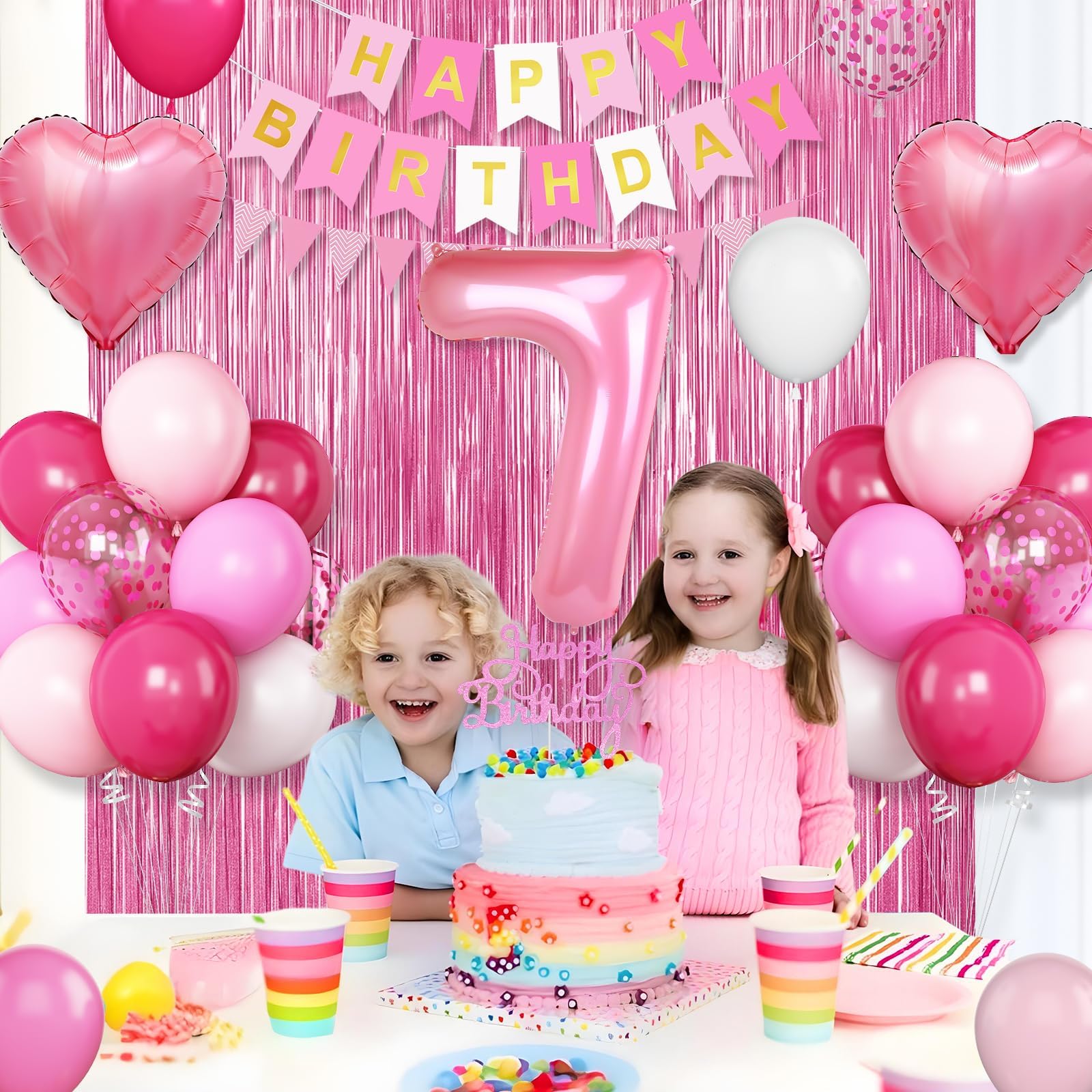 Adorely 7th Birthday Decorations for Girls – Hot Pink Balloons, Banner & Fringe Curtain