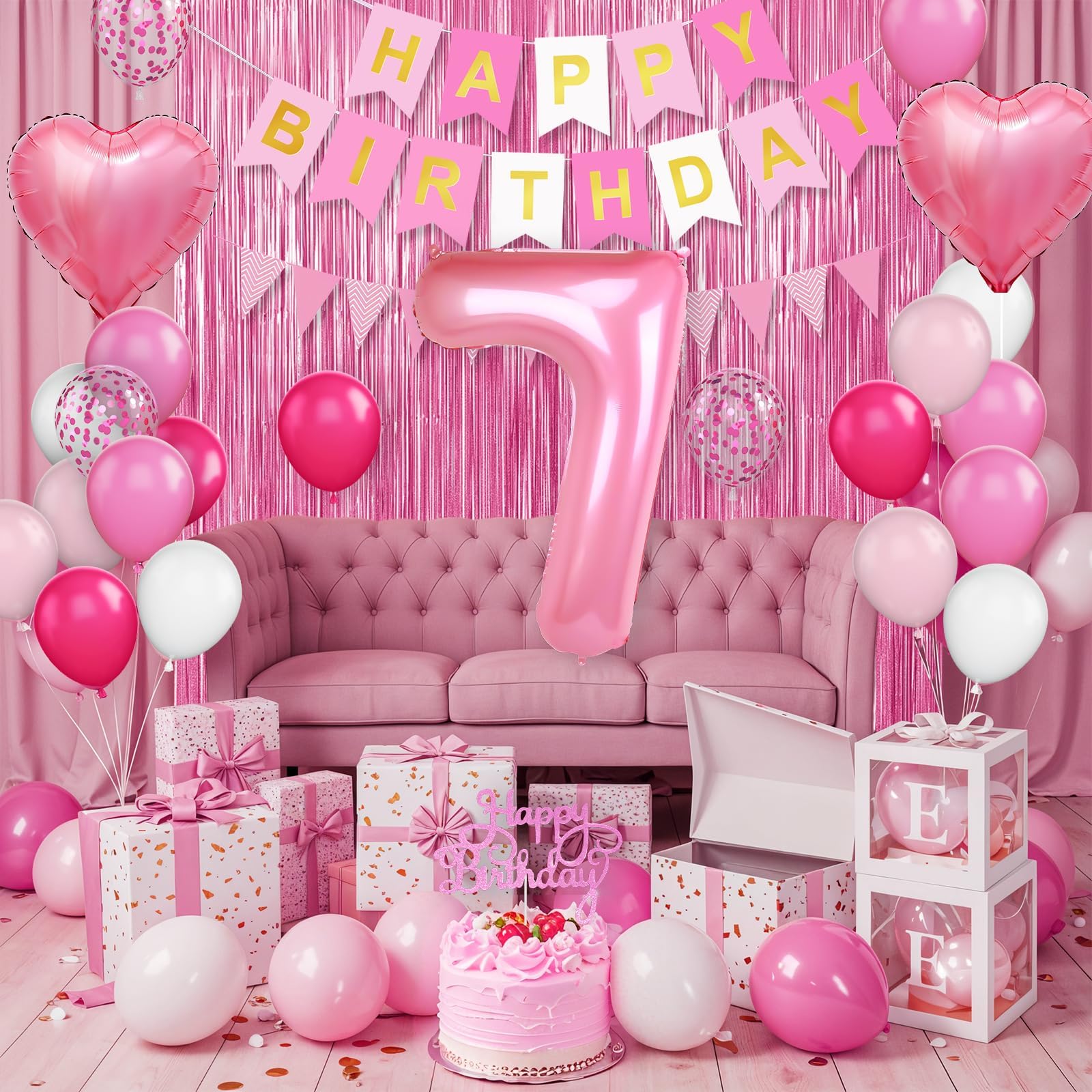 Adorely 7th Birthday Decorations for Girls – Hot Pink Balloons, Banner & Fringe Curtain