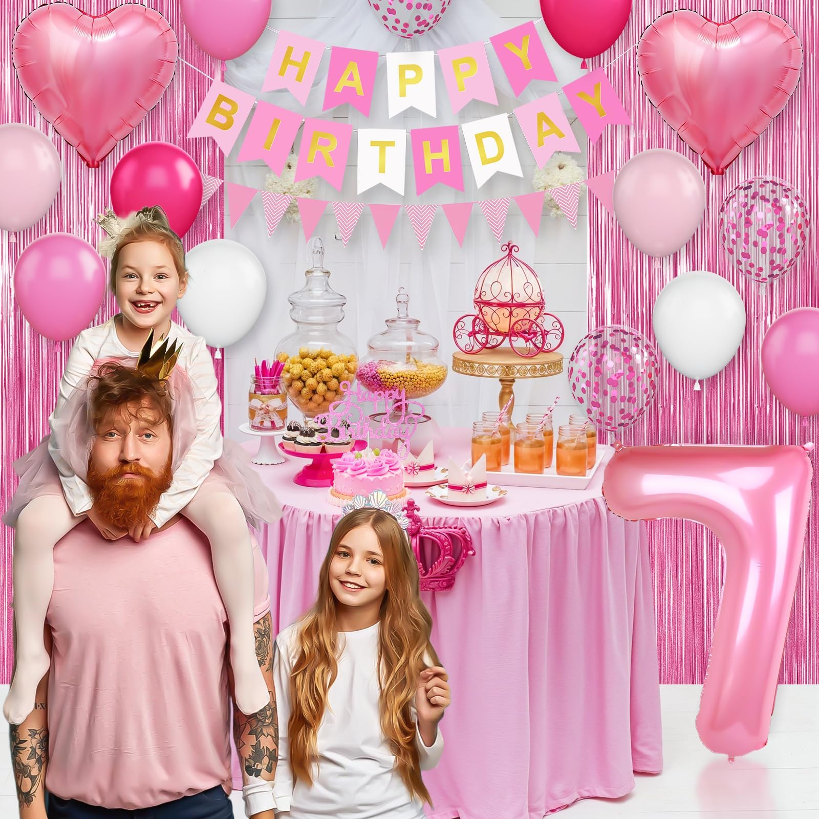 Adorely 7th Birthday Decorations for Girls – Hot Pink Balloons, Banner & Fringe Curtain