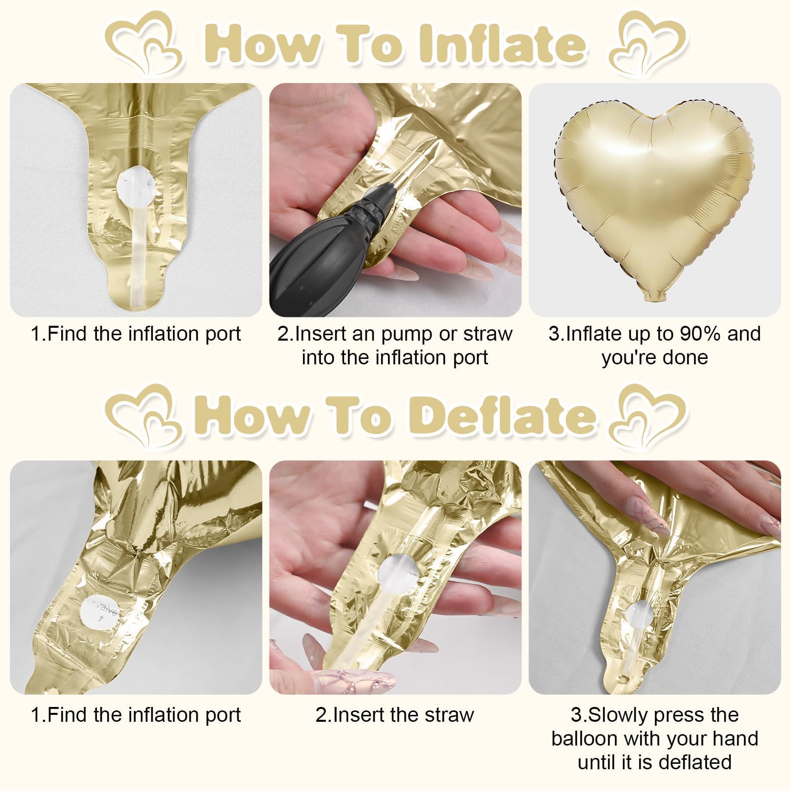 Adorely Cream White Heart Balloons – 12pc Beige Gold Foil Hearts, 18-Inch Boho Party Decor