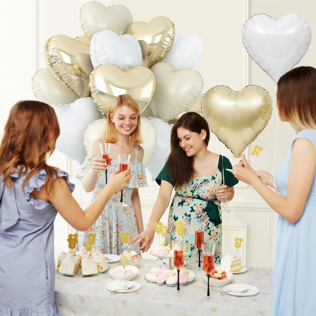 Adorely Cream White Heart Balloons – 12pc Beige Gold Foil Hearts, 18-Inch Boho Party Decor