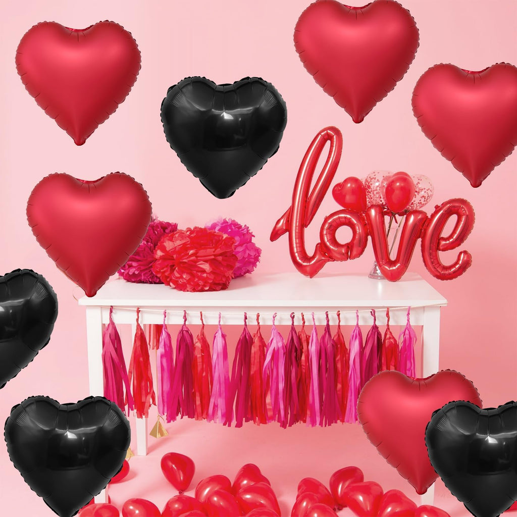 Adorely Black & Metallic Red Heart Foil Balloons – 12pc, 18-Inch for Weddings, Birthdays, Valentines Day