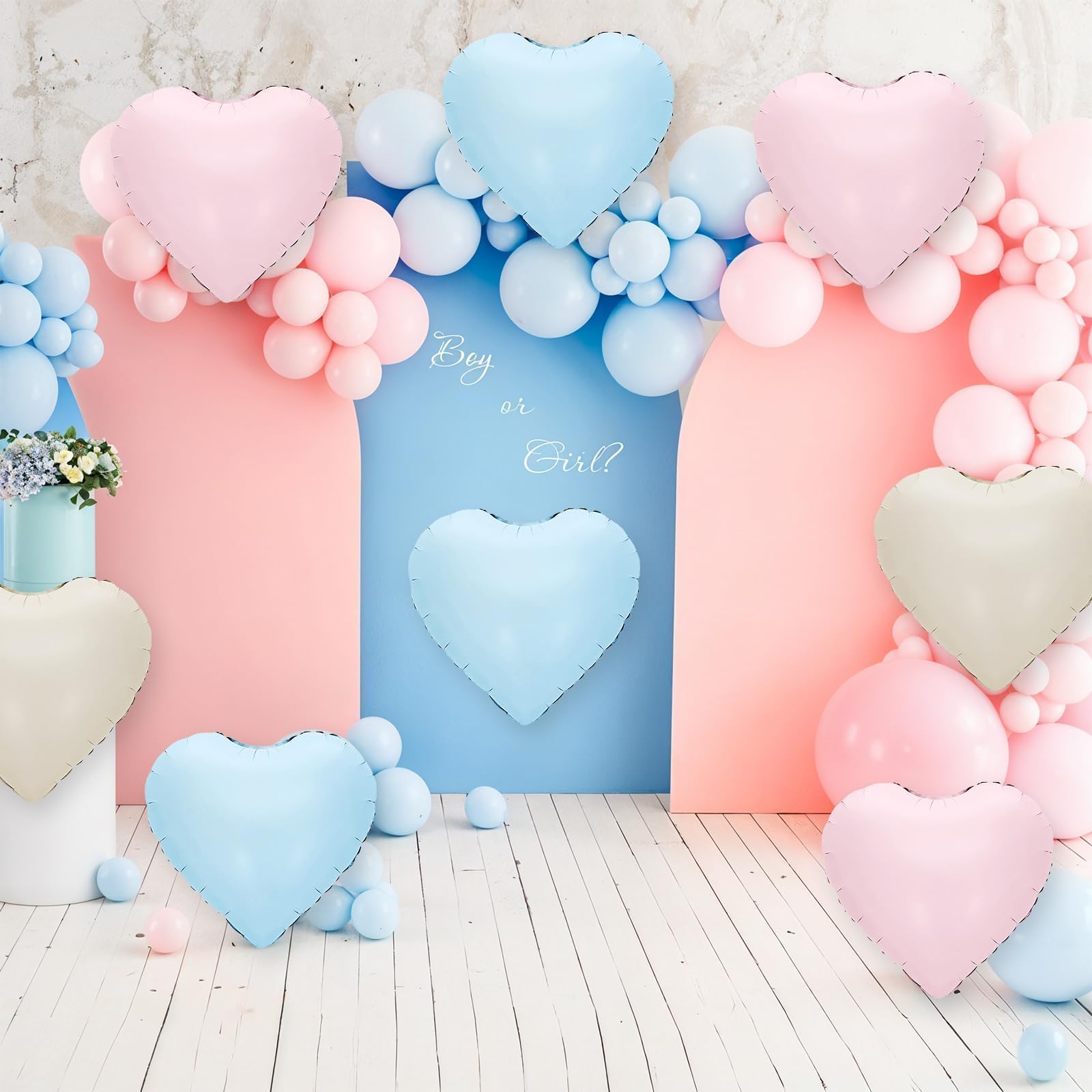 Adorely Pink Blue Heart Balloons – 12 Pcs, 18-Inch Cream White, Baby Pink & Baby Blue Foil Heart Balloons for Baby Shower, Gender Reveal, Weddings