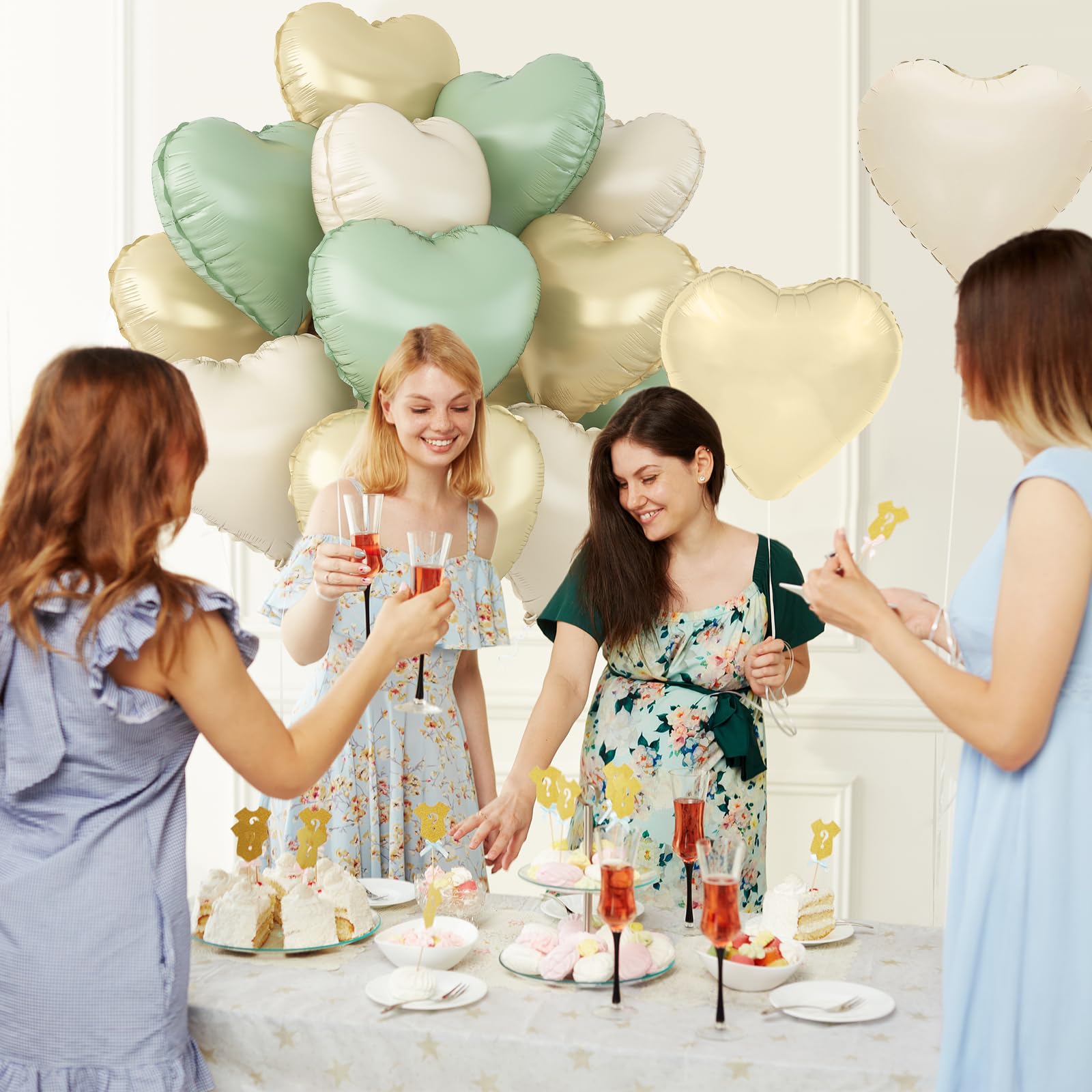 Adorely Sage Green Gold Heart Balloons – 12pc Foil Hearts, 18in Cream White