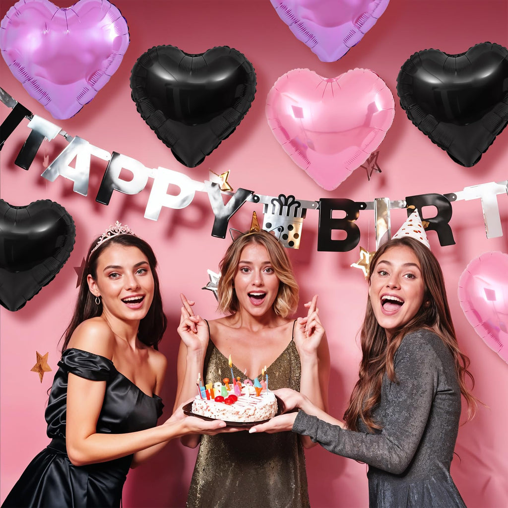 Adorely Pink & Purple Heart Foil Balloons – 12Pcs, 18-Inch, Black Pink Hearts for Baby Showers, Weddings & Parties