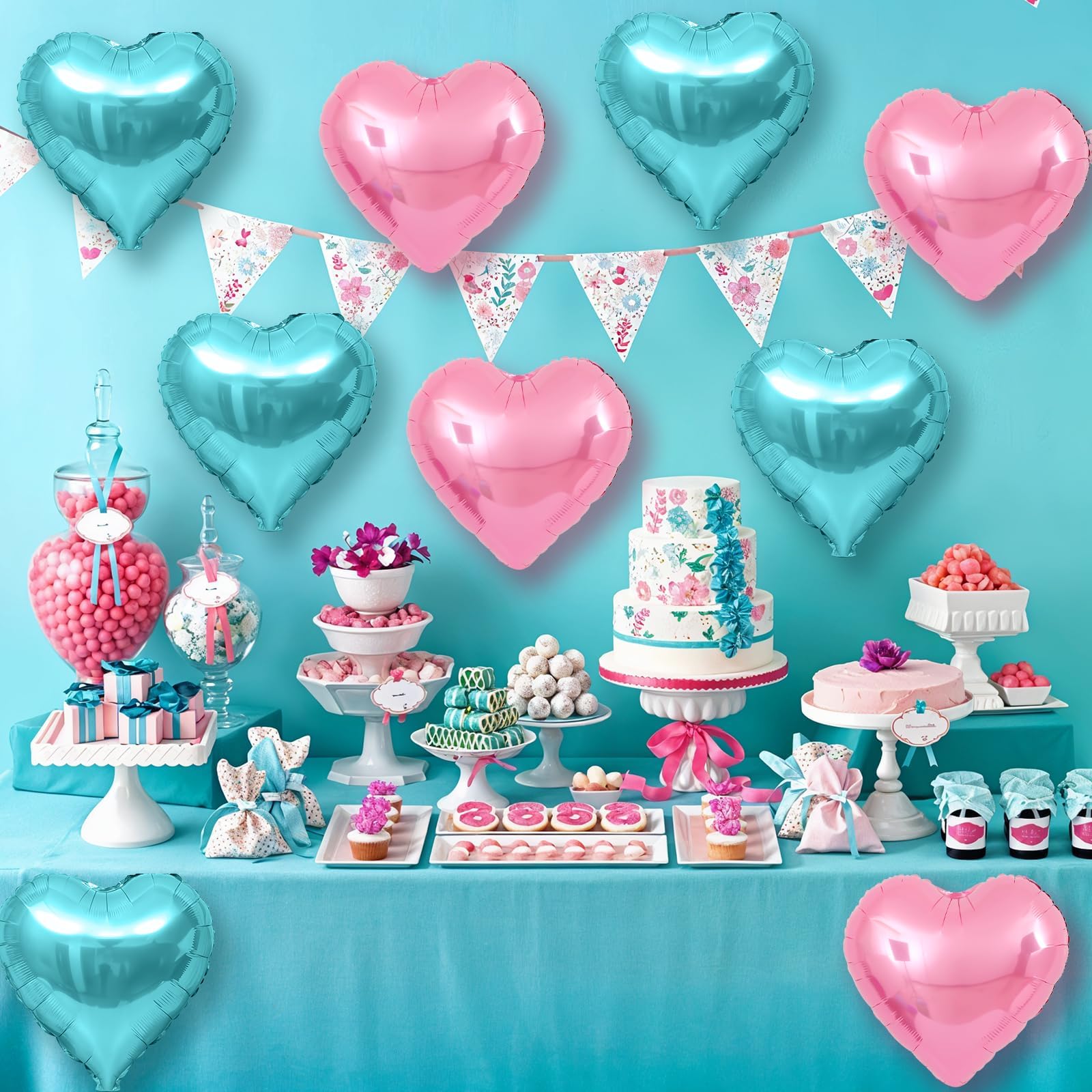 Adorely Pink & Teal Heart Foil Balloons – 18in Heart Balloons for Mermaid Birthday, Baby Shower & Party Decor
