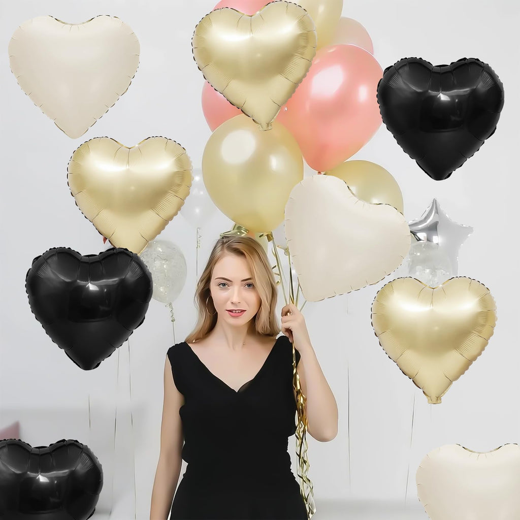 Adorely Black White Gold Heart Balloons – 12 Pcs, 18in Foil Hearts for Parties