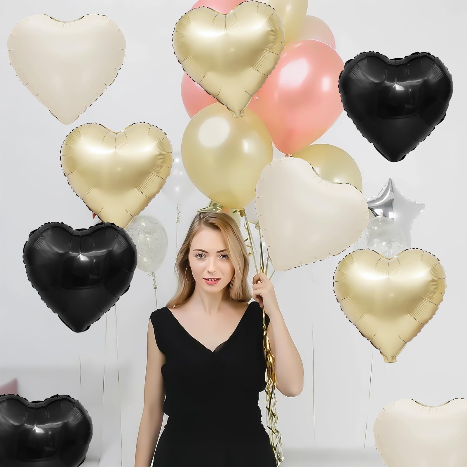 Adorely Black White Gold Heart Balloons – 12 Pcs, 18in Foil Hearts for Parties