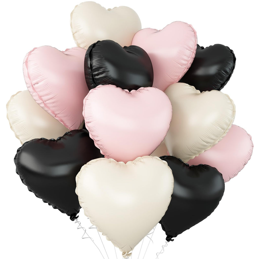 Adorely Black Pink White Heart Balloons – 12pc, 18in Foil Heart Balloons for Baby Showers, Birthdays, Weddings