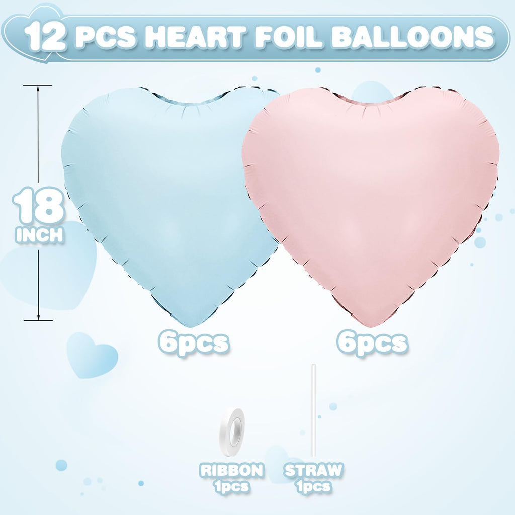 Adorely Pink & Blue Heart Foil Balloons – 12 Pcs, 18 Inch, Baby Pink & Pastel Blue Party Decorations