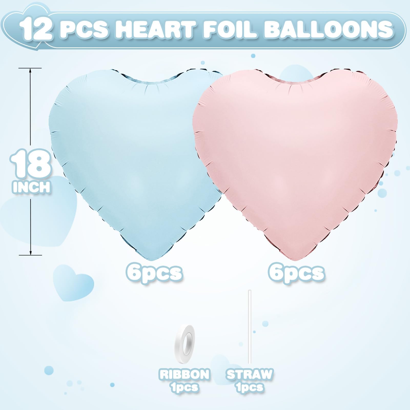 Adorely Pink & Blue Heart Foil Balloons – 12 Pcs, 18 Inch, Baby Pink & Pastel Blue Party Decorations