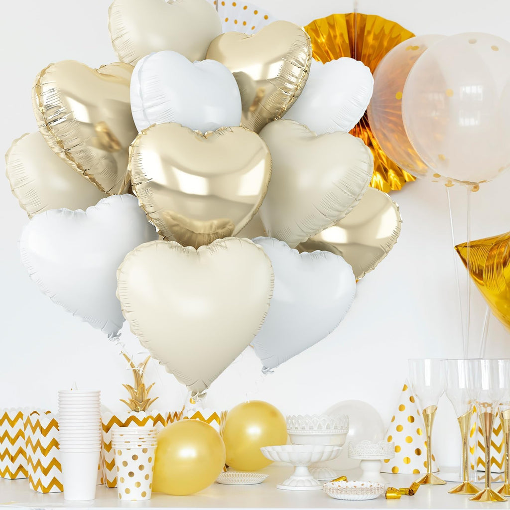 Adorely Cream White Heart Balloons – 12pc Beige Gold Foil Hearts, 18-Inch Boho Party Decor