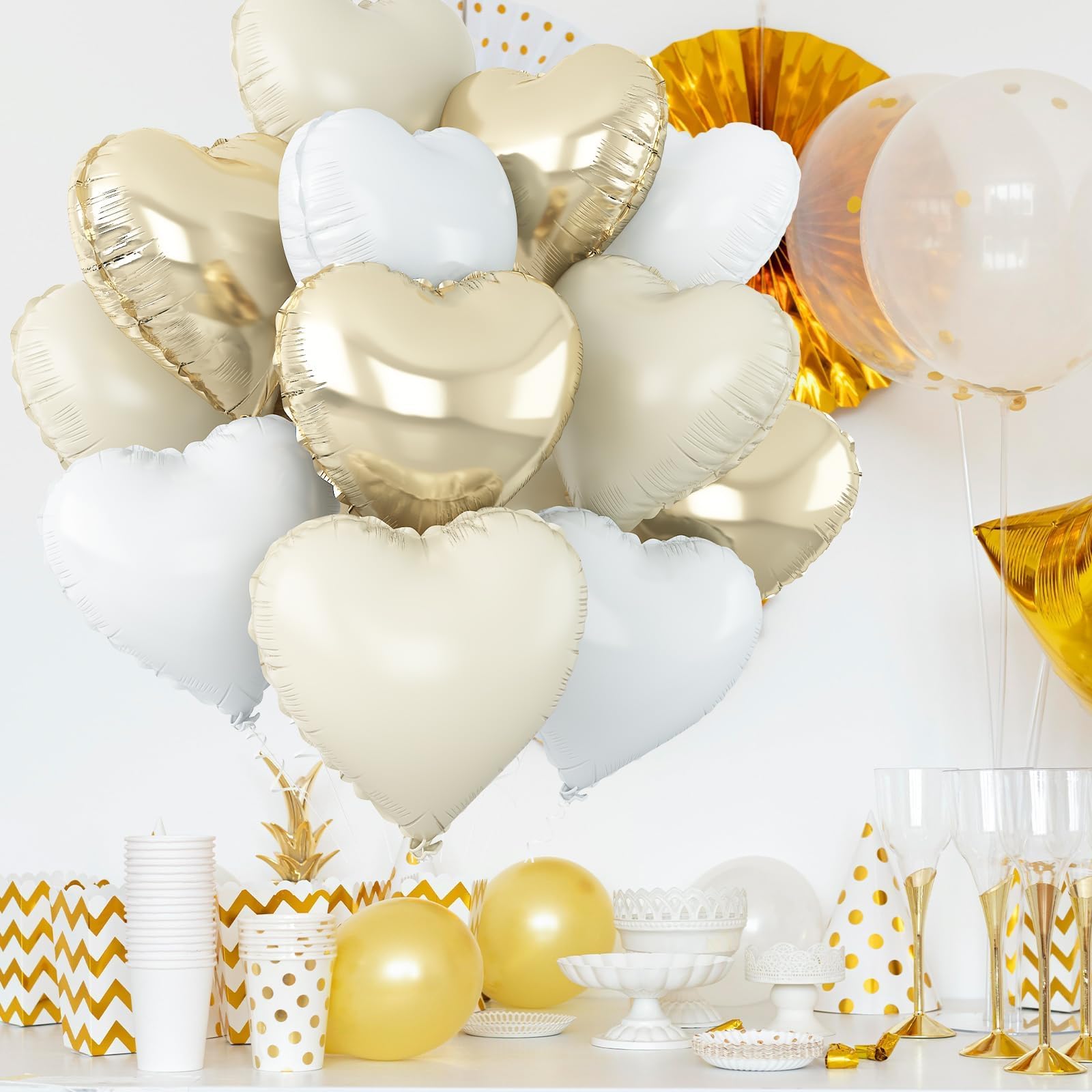 Adorely Cream White Heart Balloons – 12pc Beige Gold Foil Hearts, 18-Inch Boho Party Decor