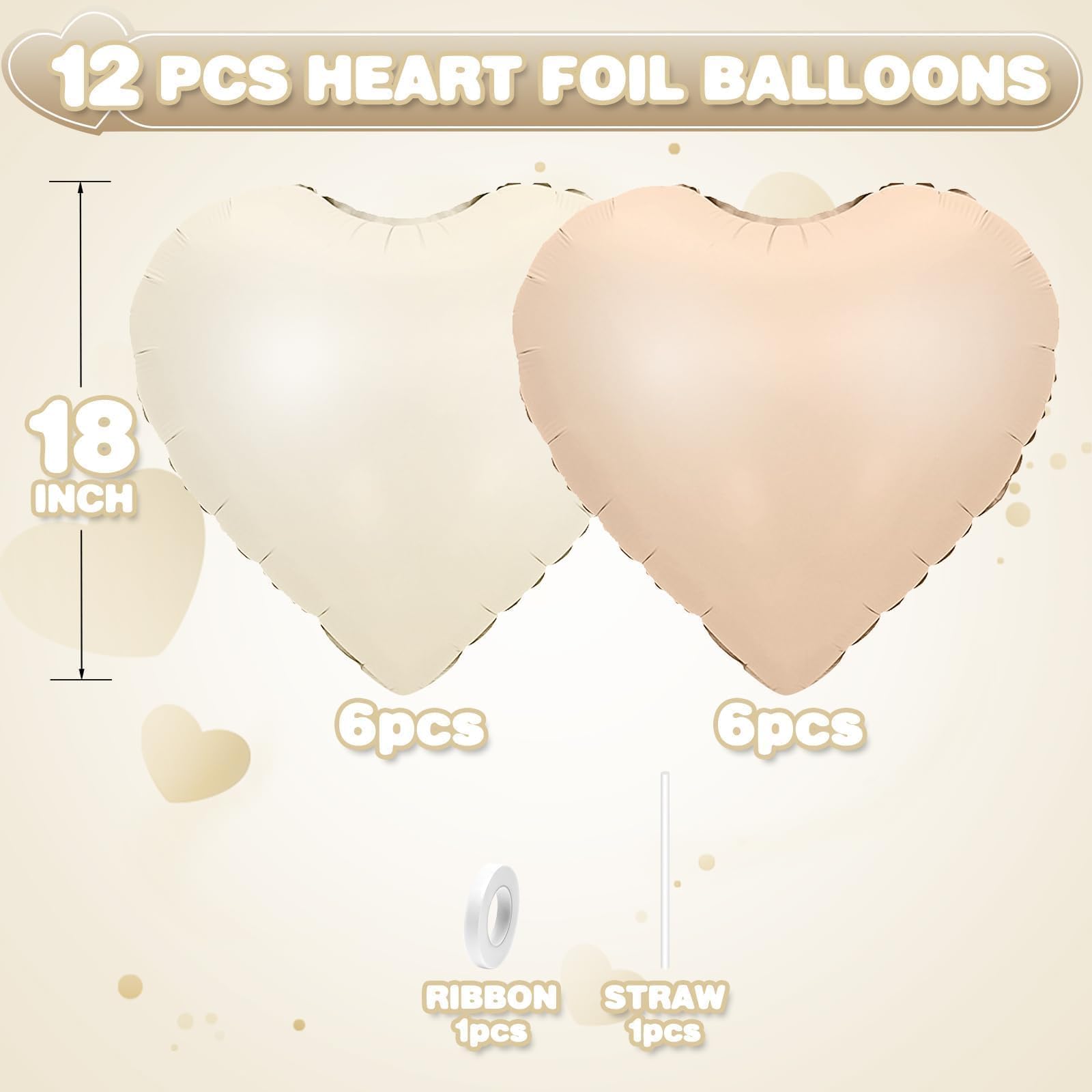 Adorely Cream White & Caramel Heart Foil Balloons – 12 Pack, 18 Inch