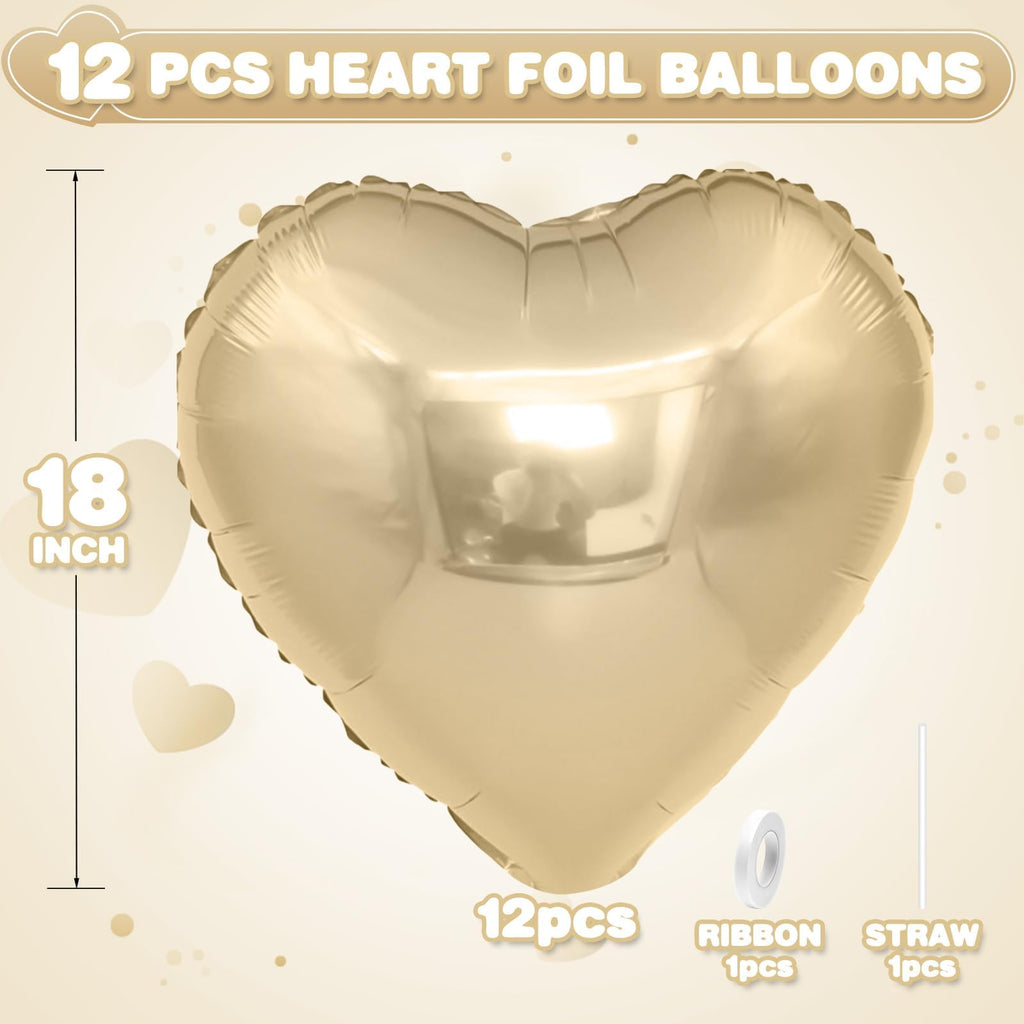 Adorely Champagne Gold Heart Balloons – 12Pcs 18-Inch Foil Hearts for Parties