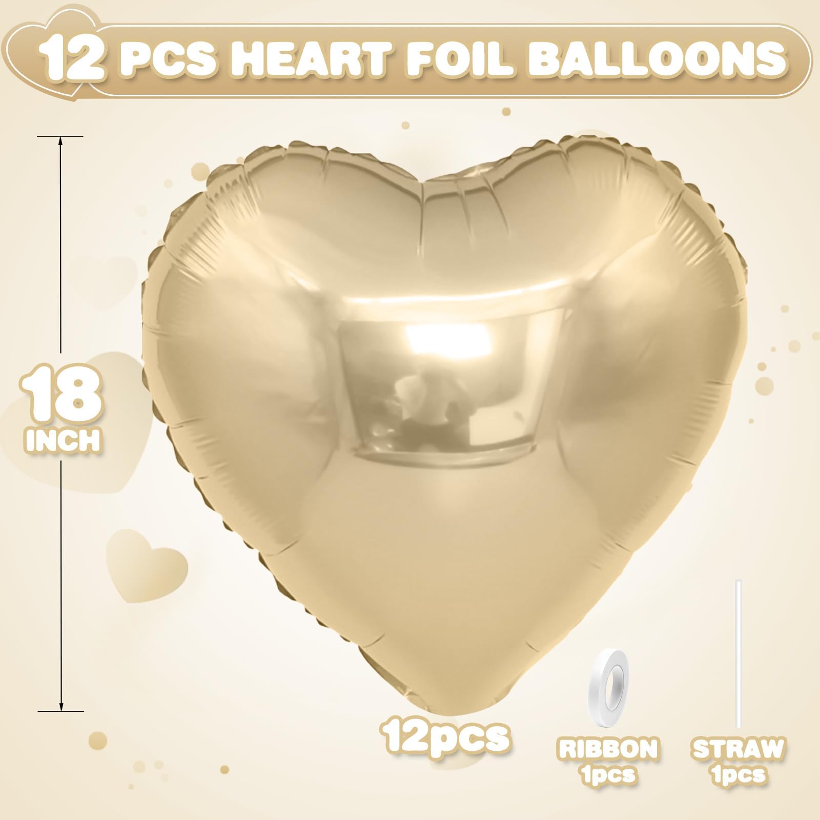 Adorely Champagne Gold Heart Balloons – 12Pcs 18-Inch Foil Hearts for Parties