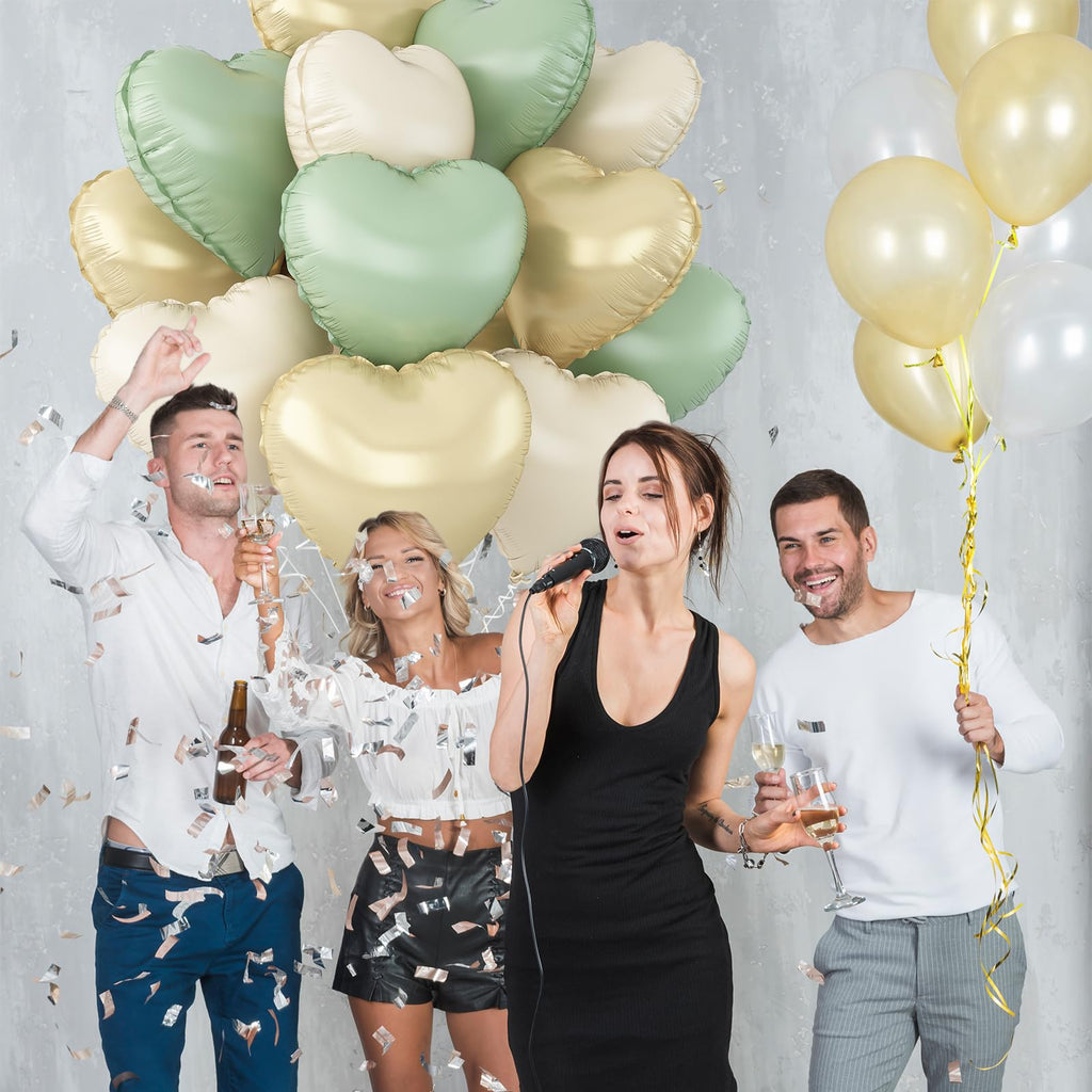 Adorely Sage Green Gold Heart Balloons – 12pc Foil Hearts, 18in Cream White