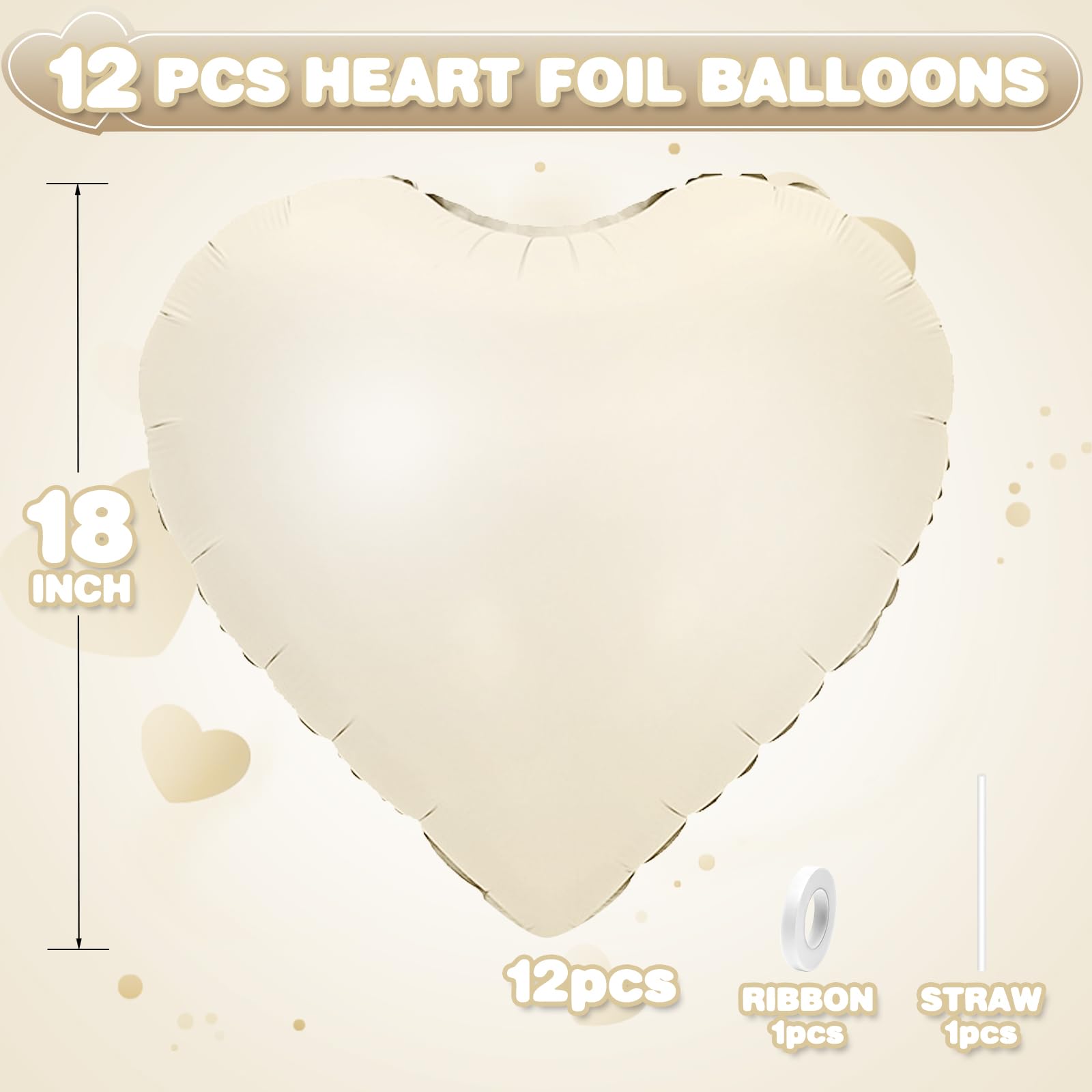 Adorely Cream White Heart Foil Balloons – 12Pcs, 18-Inch for Baby Showers, Weddings & Parties