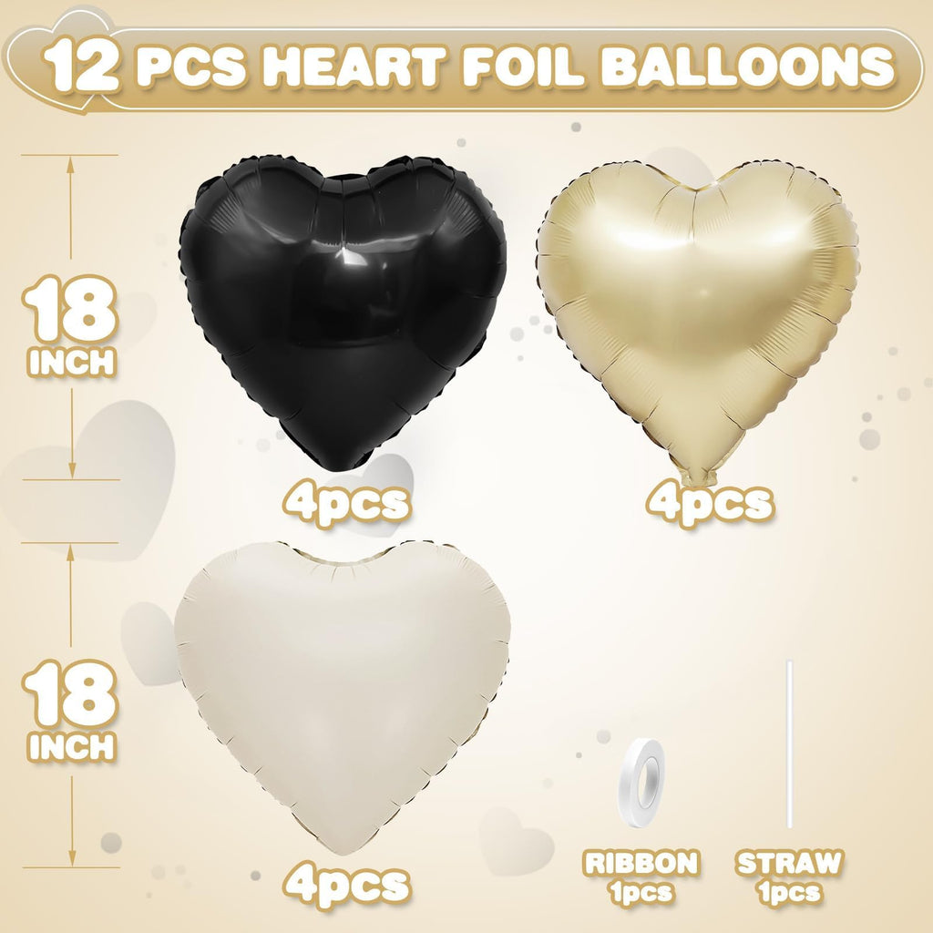 Adorely Black White Gold Heart Balloons – 12 Pcs, 18in Foil Hearts for Parties