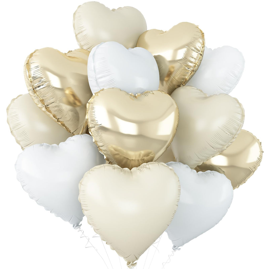 Adorely Cream White Heart Balloons – 12pc Beige Gold Foil Hearts, 18-Inch Boho Party Decor