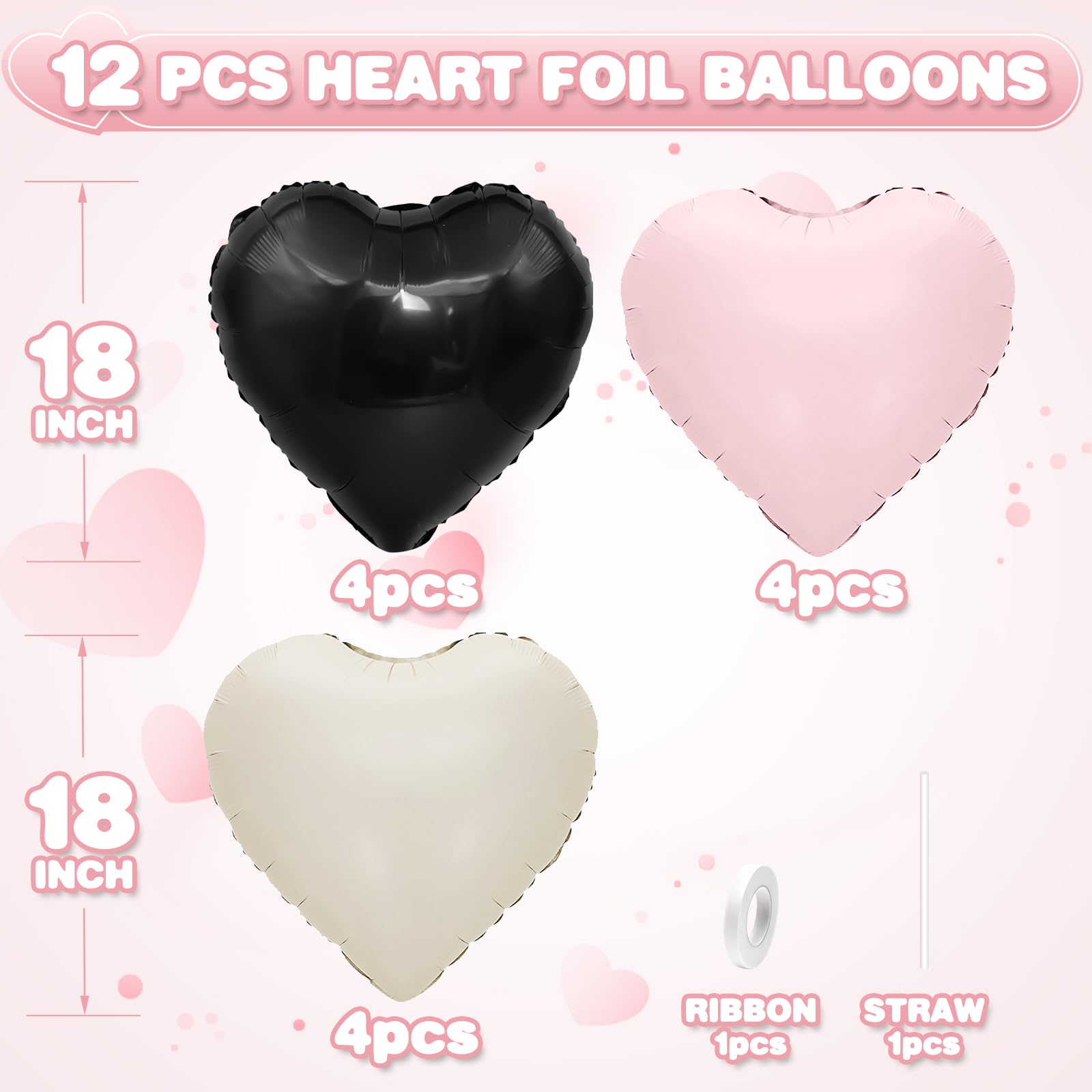 Adorely Black Pink White Heart Balloons – 12pc, 18in Foil Heart Balloons for Baby Showers, Birthdays, Weddings