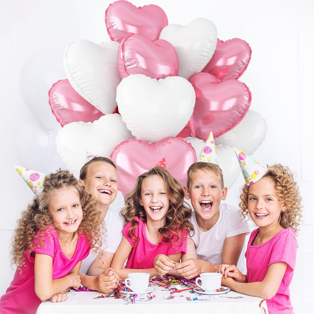 Adorely Pink & White Heart Foil Balloons, 12Pcs, 18-Inch – Ideal for Baby Showers, Birthdays, Weddings