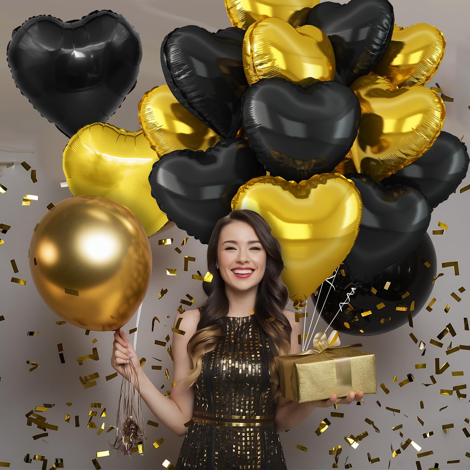 Adorely Black Gold Heart Balloons – 12Pcs 18in Foil Balloons for Parties