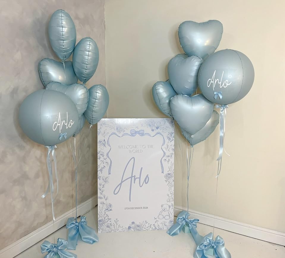 Adorely Baby Blue Heart Balloons – 12Pcs, 18 Inch Pastel Foil Balloons for Baby Showers & Parties