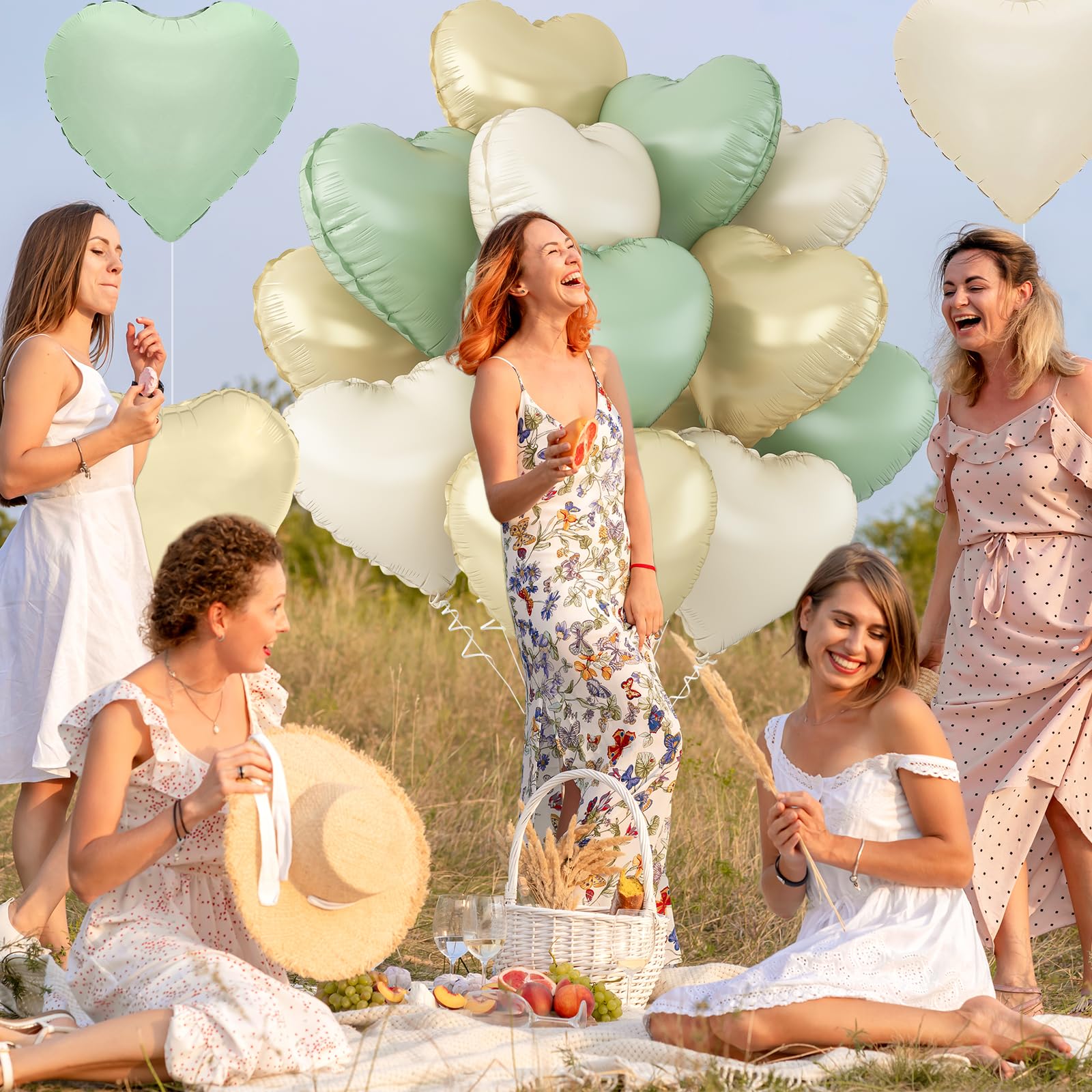 Adorely Sage Green Gold Heart Balloons – 12pc Foil Hearts, 18in Cream White