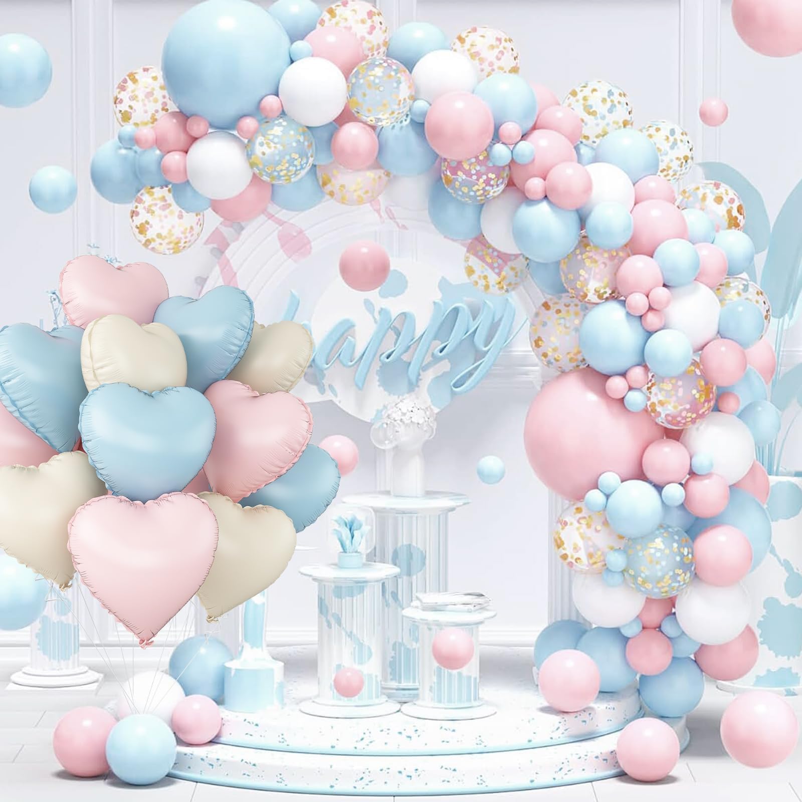 Adorely Pink Blue Heart Balloons – 12 Pcs, 18-Inch Cream White, Baby Pink & Baby Blue Foil Heart Balloons for Baby Shower, Gender Reveal, Weddings