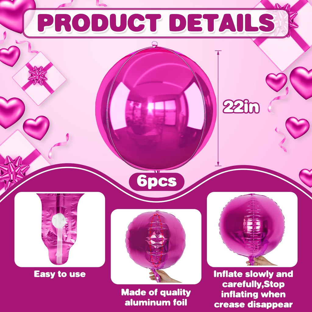 Adorely 6Pcs Hot Pink Round Foil Balloons – 22in Giant 4D Balloons for Party Decor