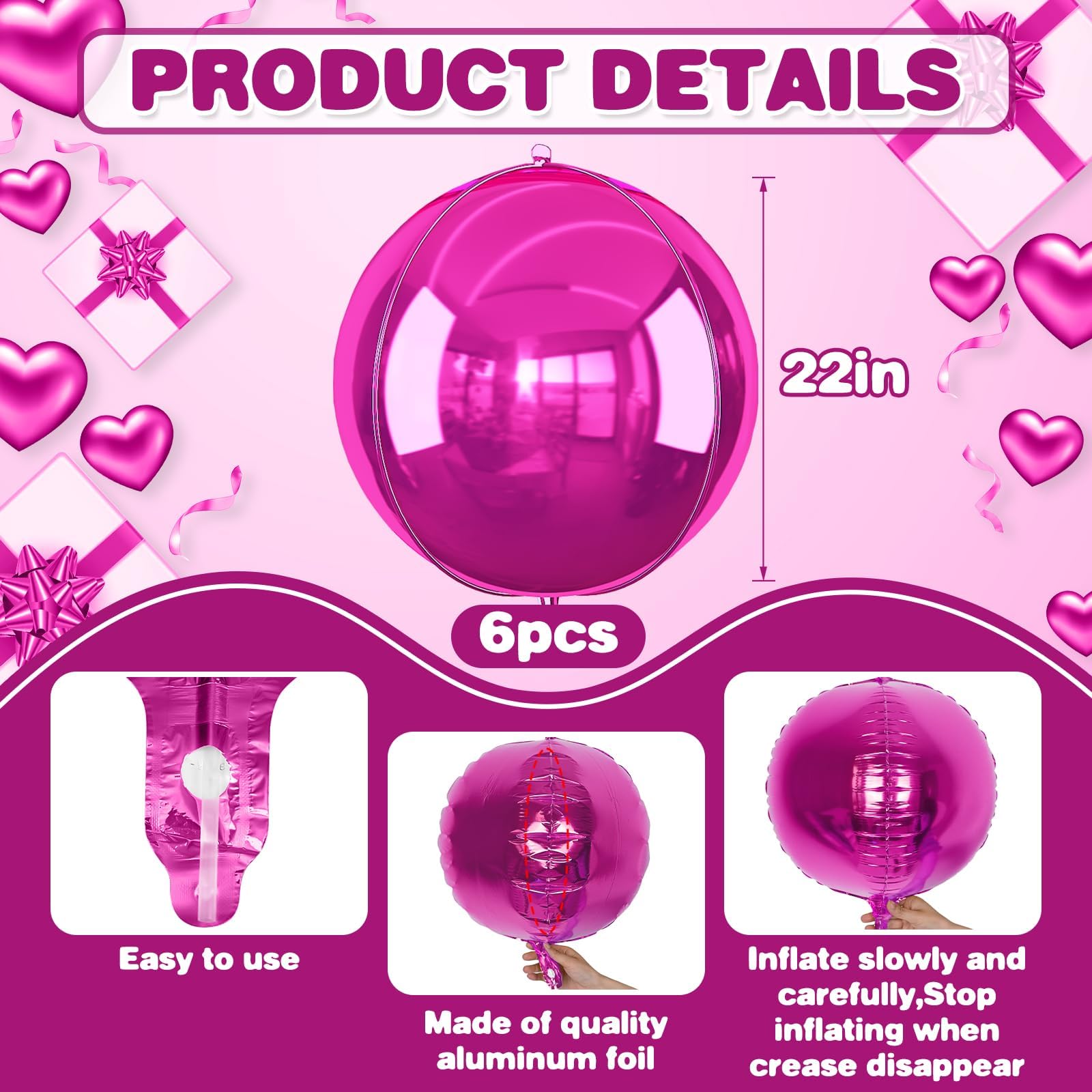 Adorely 6Pcs Hot Pink Round Foil Balloons – 22in Giant 4D Balloons for Party Decor