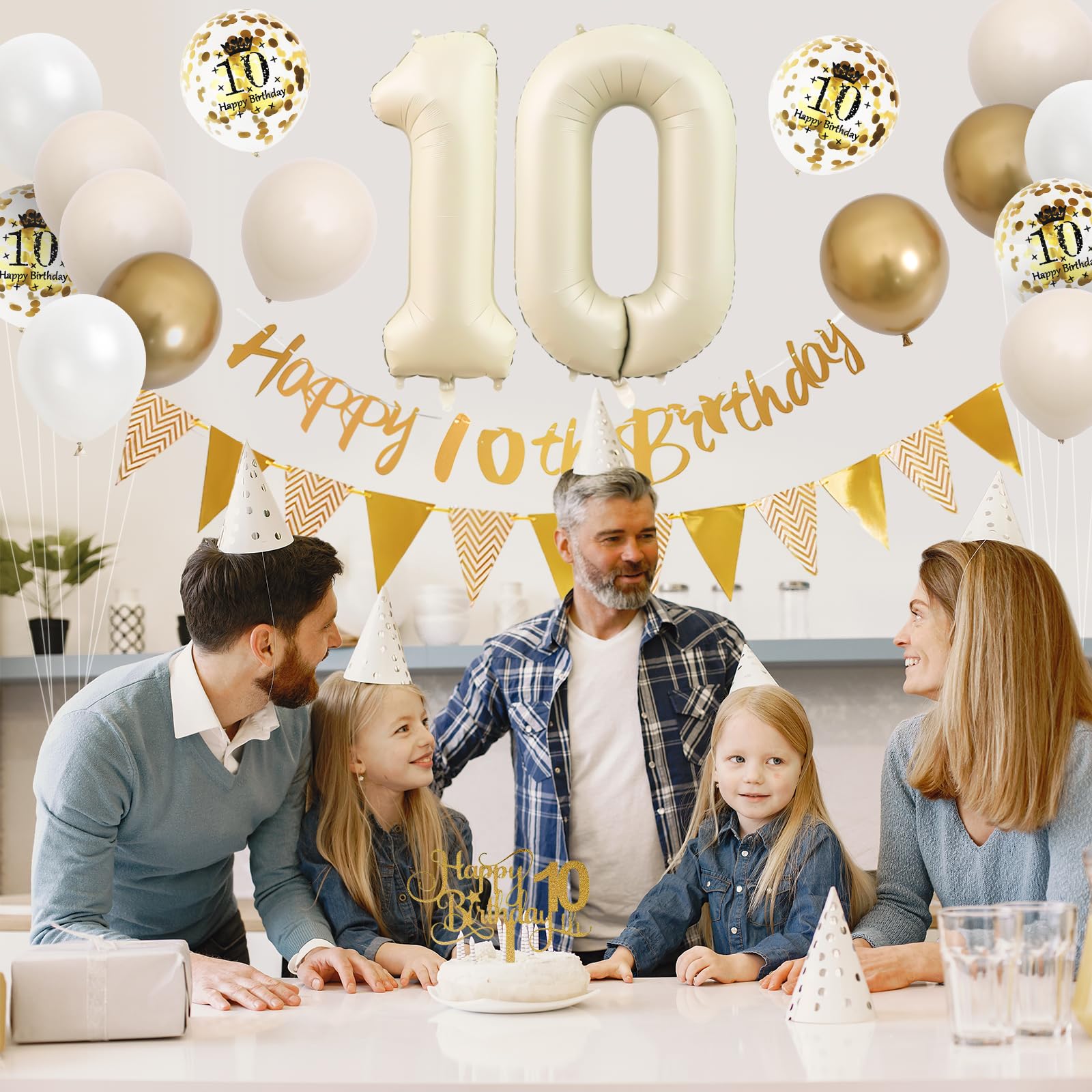 Adorely 10th Birthday Decorations – Sand White Gold Balloon Kit & Banner