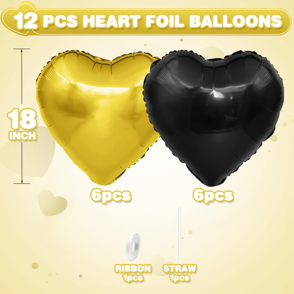 Adorely Black Gold Heart Balloons – 12Pcs 18in Foil Balloons for Parties