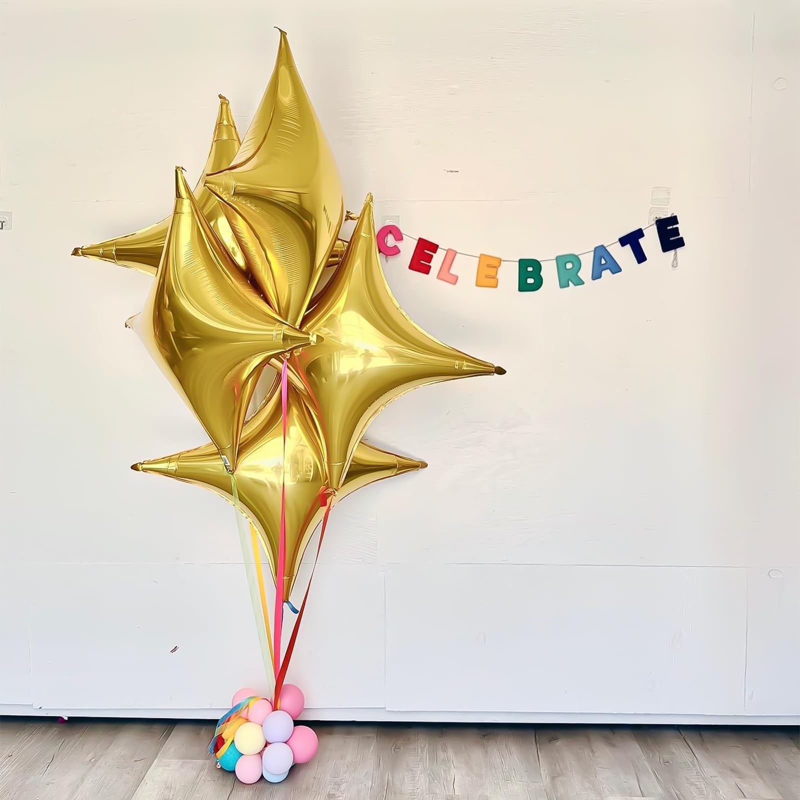Adorely Gold Star Balloons – 12Pcs Four-Angle Foil Balloons (26in & 10in) Party Decor