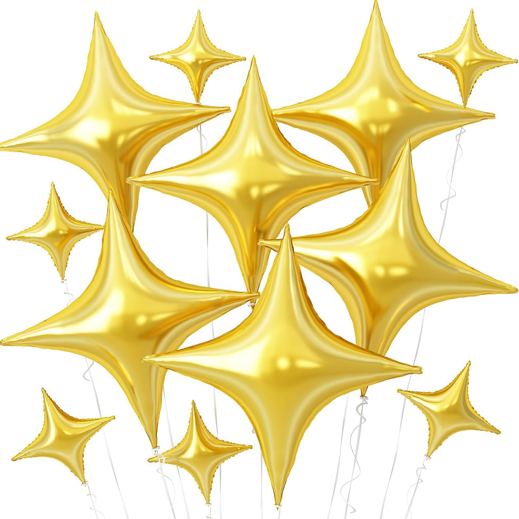 Adorely Gold Star Balloons – 12Pcs Four-Angle Foil Balloons (26in & 10in) Party Decor