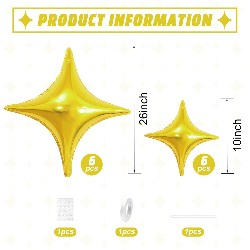Adorely Gold Star Balloons – 12Pcs Four-Angle Foil Balloons (26in & 10in) Party Decor