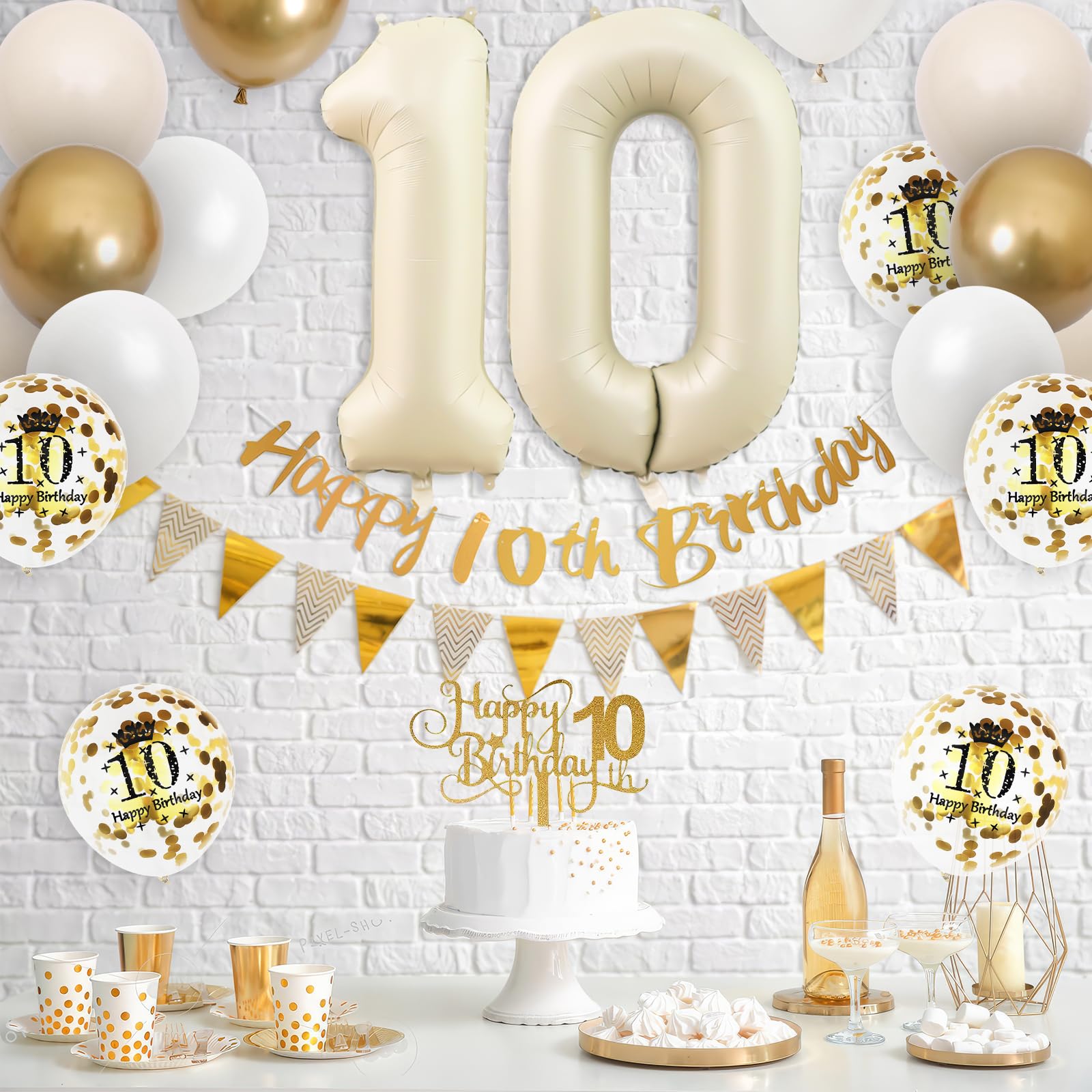 Adorely 10th Birthday Decorations – Sand White Gold Balloon Kit & Banner