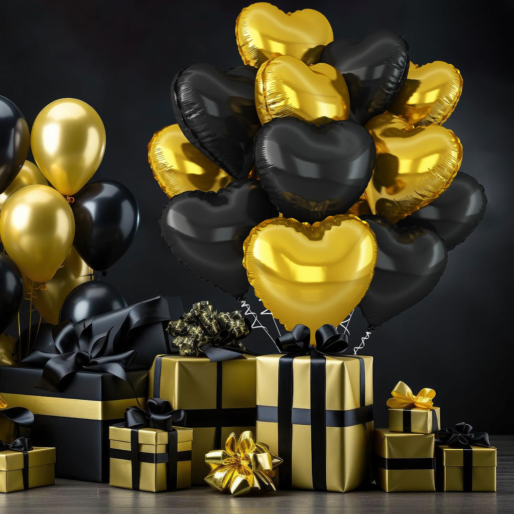 Adorely Black Gold Heart Balloons – 12Pcs 18in Foil Balloons for Parties