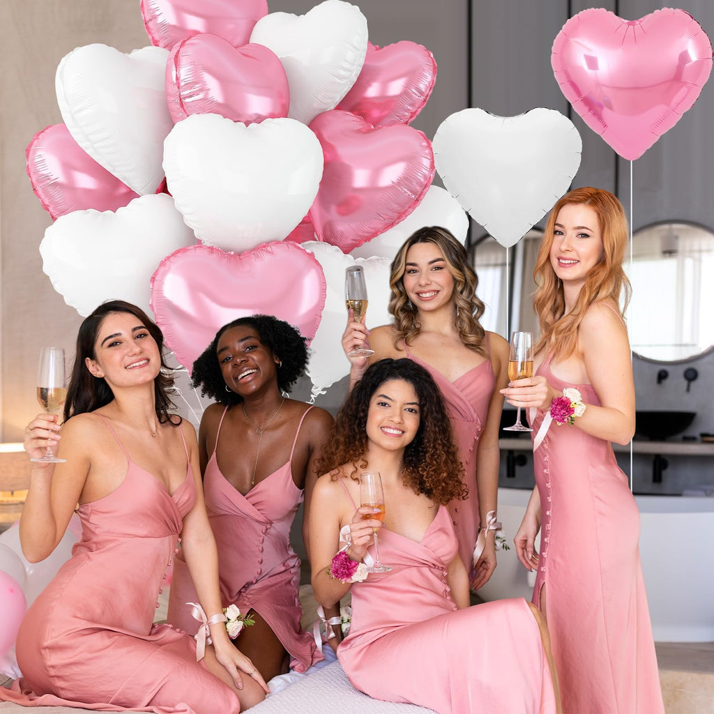 Adorely Pink & White Heart Foil Balloons, 12Pcs, 18-Inch – Ideal for Baby Showers, Birthdays, Weddings