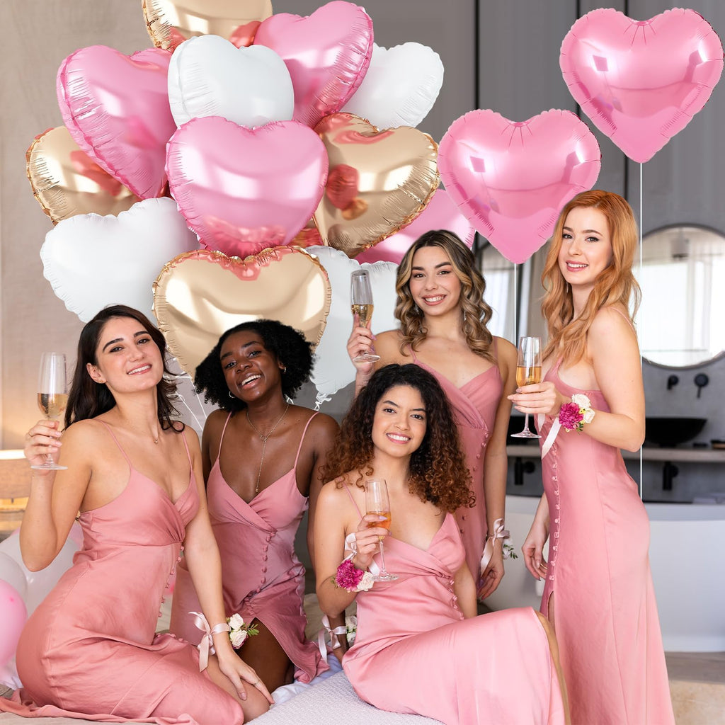 Adorely Pink & White Heart Balloons – 12Pcs Rose Gold Foil Hearts, 18-Inch