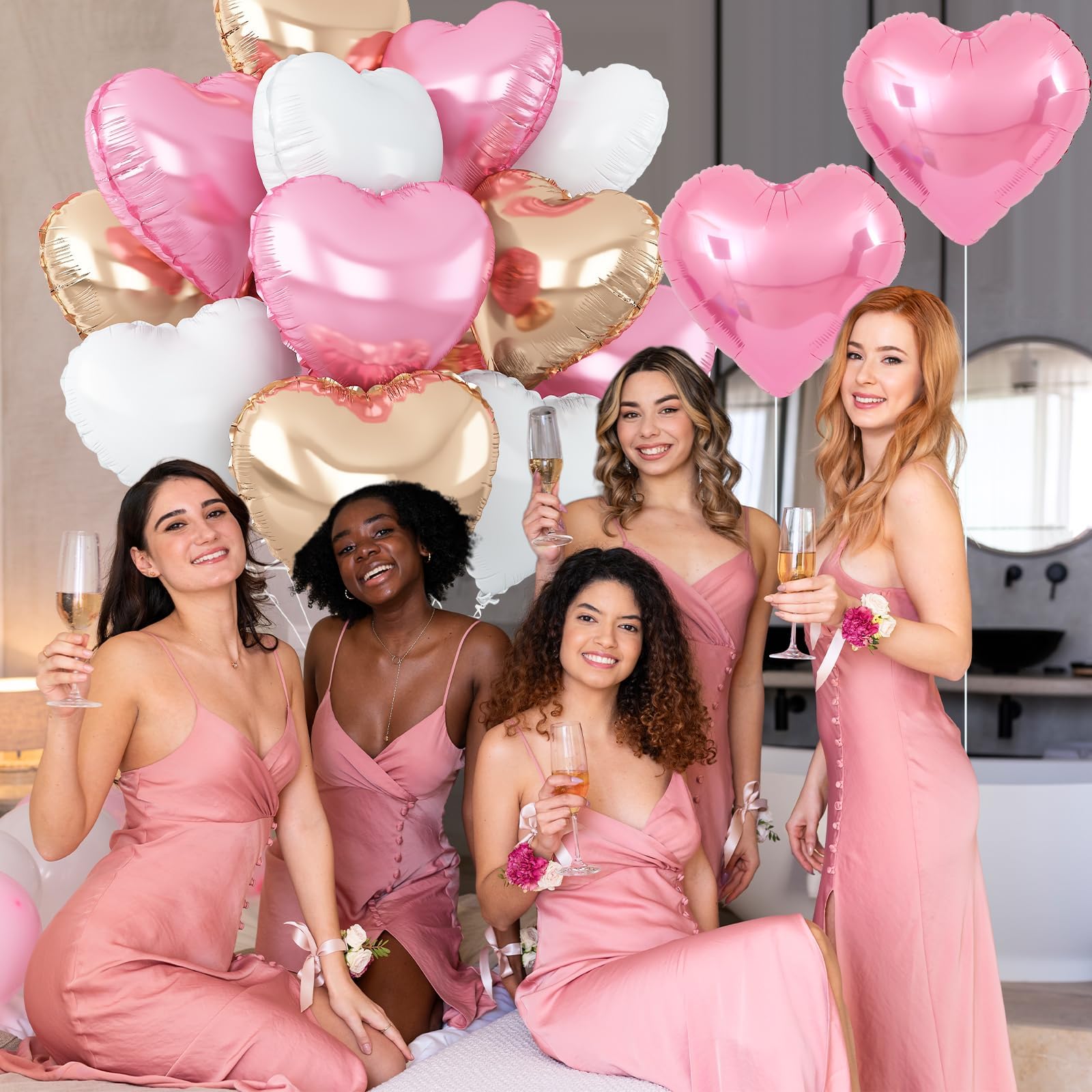 Adorely Pink & White Heart Balloons – 12Pcs Rose Gold Foil Hearts, 18-Inch