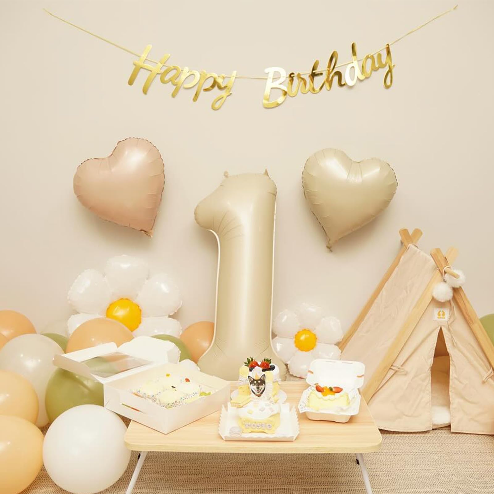 Adorely Cream White & Caramel Heart Foil Balloons – 12 Pack, 18 Inch