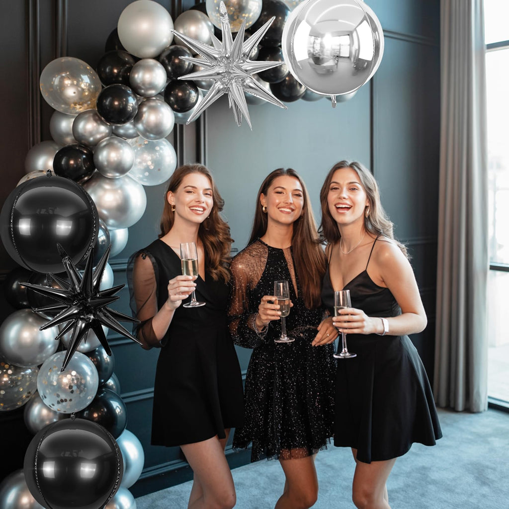 Adorely 6Pcs Black Silver 22in Foil Balloons – 4D Round & Explosion Star Party Decor