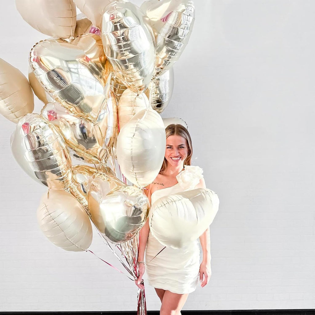Adorely Cream White Heart Balloons – 12pc Beige Gold Foil Hearts, 18-Inch Boho Party Decor